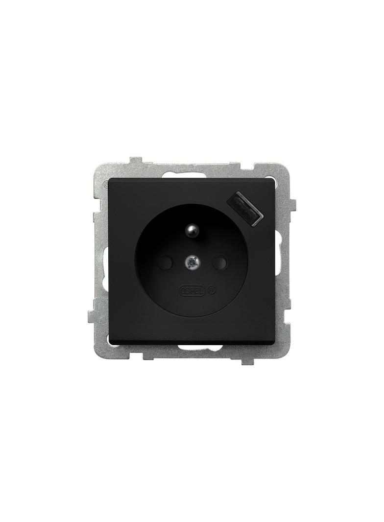 SONATA Gniazdo pojedyncze z uziemieniem z przesłonami torów prądowych, z ładowarką USB - kolor czarn