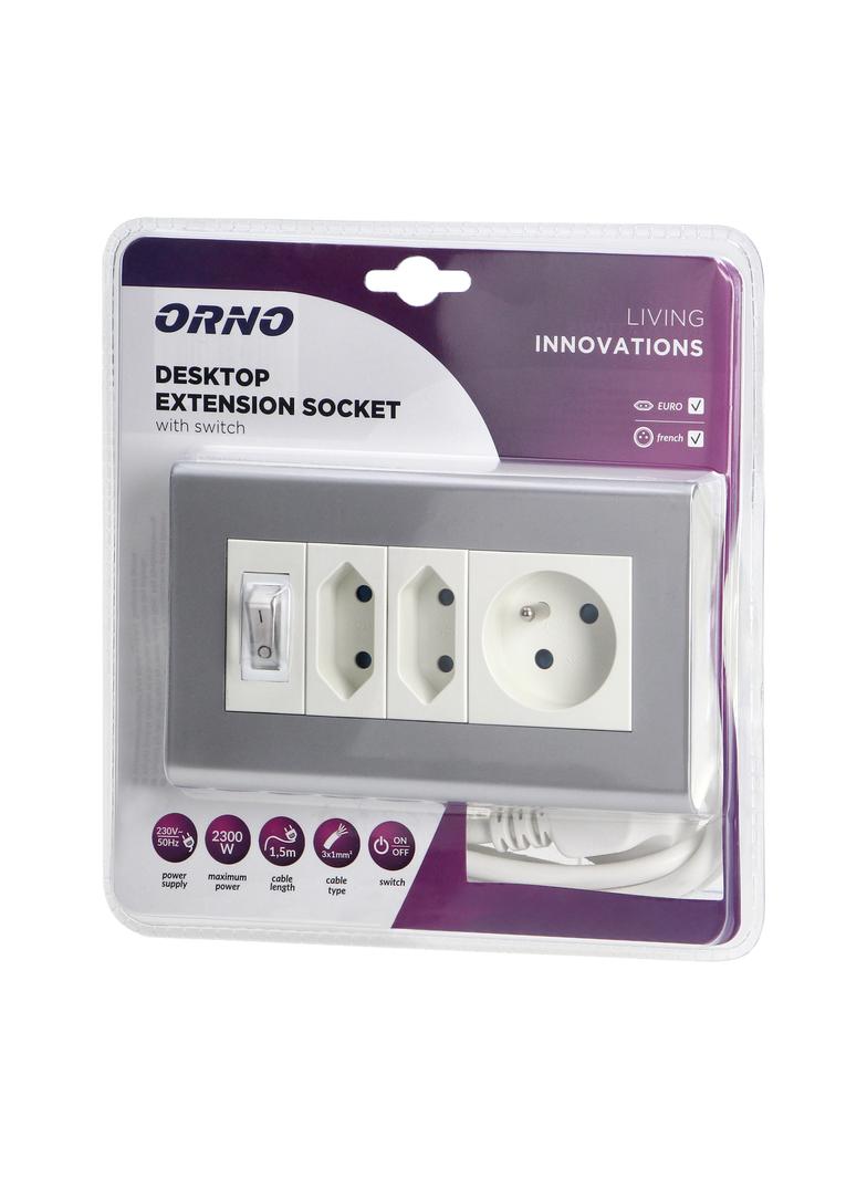 Przedłużacz biurkowy 2 gniazda 2P/II 1 gniazdo wyłącznik ON/OFF przewód 3x1mm2 - 1,5m OR-AE-1327 ORN