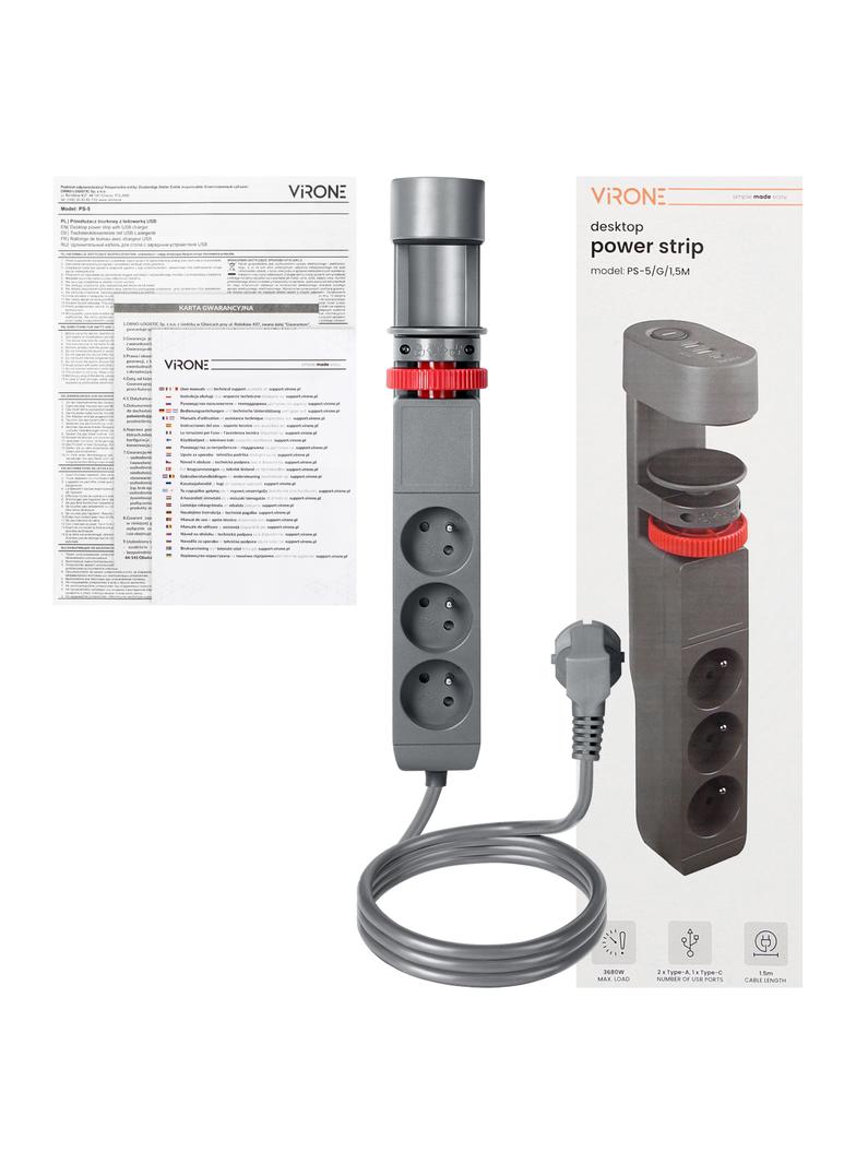 Przedłużacz biurkowy 3-krotny 2P+Z 2xUSB+1 typu C 1,5m PS-5/G/1,5M ORNO