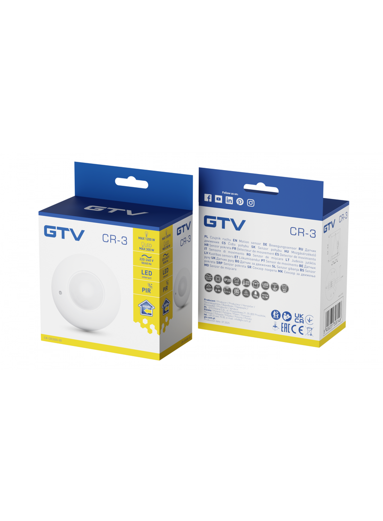 CZUJNIK RUCHU CR-3, MAX 1200W, AC220-240V, 50/60HZ, KĄT DZIAŁANIA 360*, ZASIĘG 6M ± 2,2-4M, IP20, NI