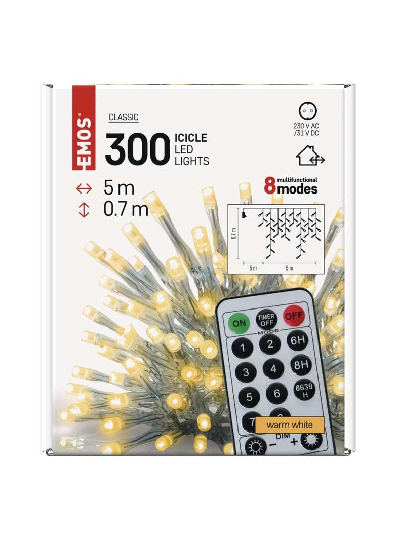 Lampki choinkowe sople 300LED 5m ciepła biel timer pilot D4CW02 EMOS