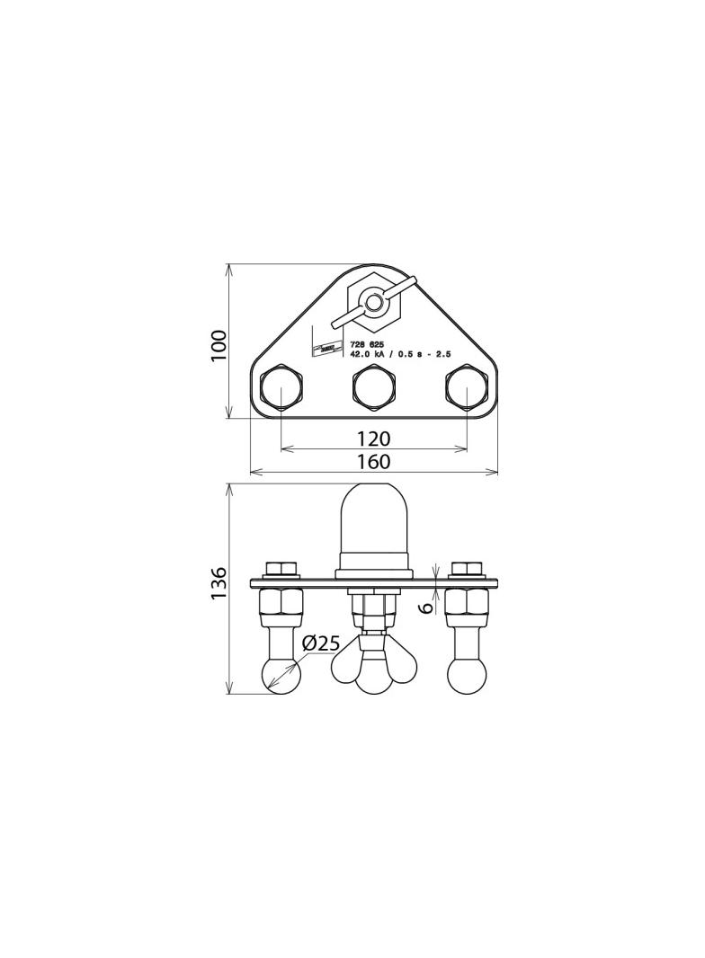 Płyta przyłączenia uziemienia z zaciskiem kołpakowym i 3 kulowymi punktami mocowania fi 25 mm