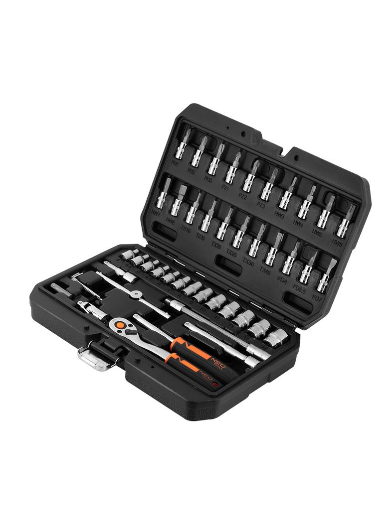 Klucze nasadowe, 1/4”, CrV, zestaw 46 szt.