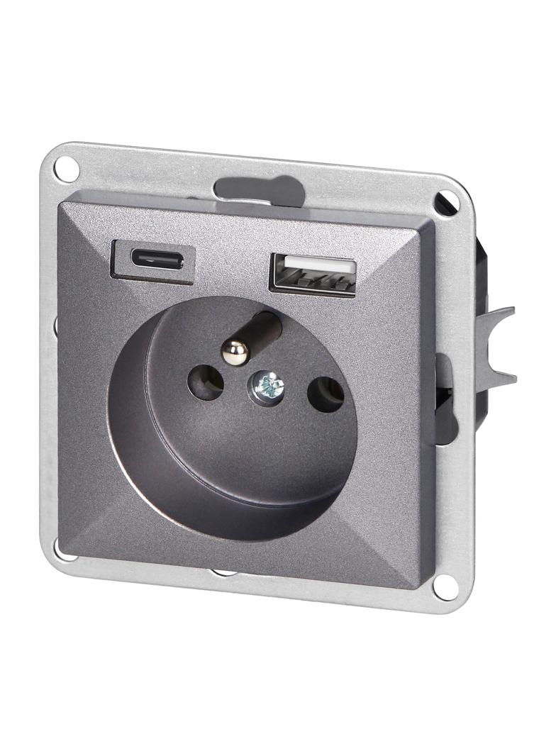 Gniazdo pojedyncze podtynkowe 2P+Z z ładowarką USB A+C Pearl, 16A, 250V, PT-16P/USB, antracyt OR-OE-7705/USBAC/A ORNO