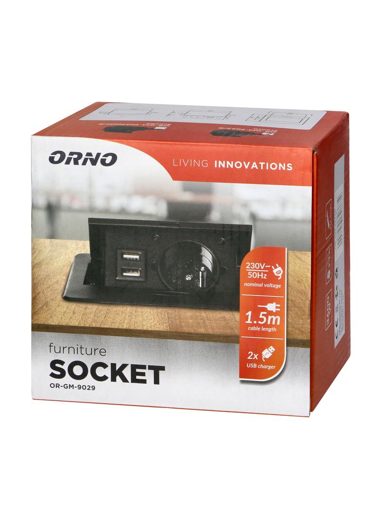 Gniazdo meblowe wpuszczane w blat z płaskim frezowanym rantem ładowarką USB i przewodem 1,5m 1x2P+ O