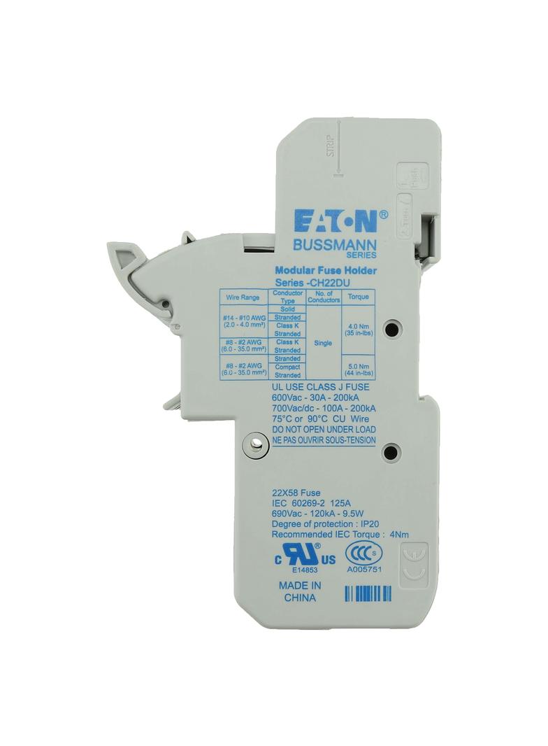 2 Pole 22x58 MFH Podstawa wkładki cylindrycznej 22x58 2P 125A 690VAC CH222DU EATON