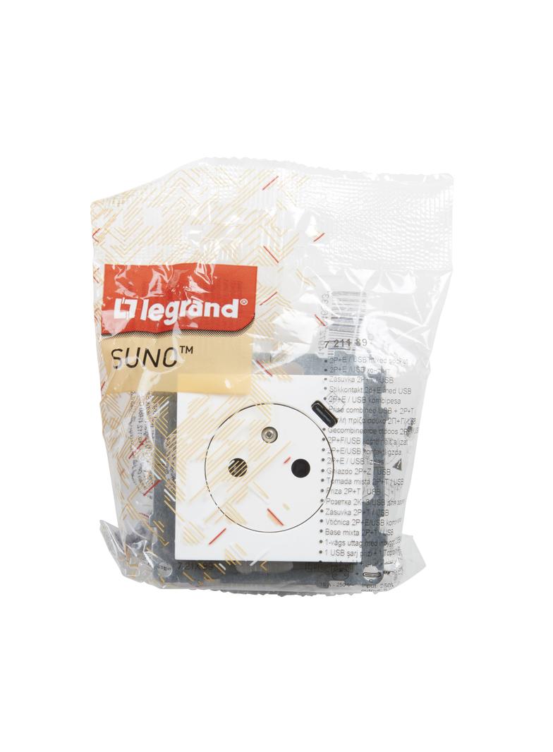 SUNO - Gniazdo płaskie 2P+Z - 16 A - z USB Typ - C - 1,5 A - zaciski automatyczne - z przesłoną, Bia