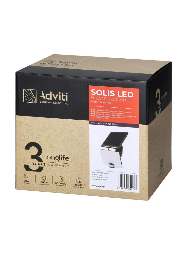 SOLIS LED 10W, naświetlacz solarny z czujnikiem ruchu PIR, 1200lm, IP54, 4000K, 3000 mAh, czarny AD-SL-6467BLR4 ORNO