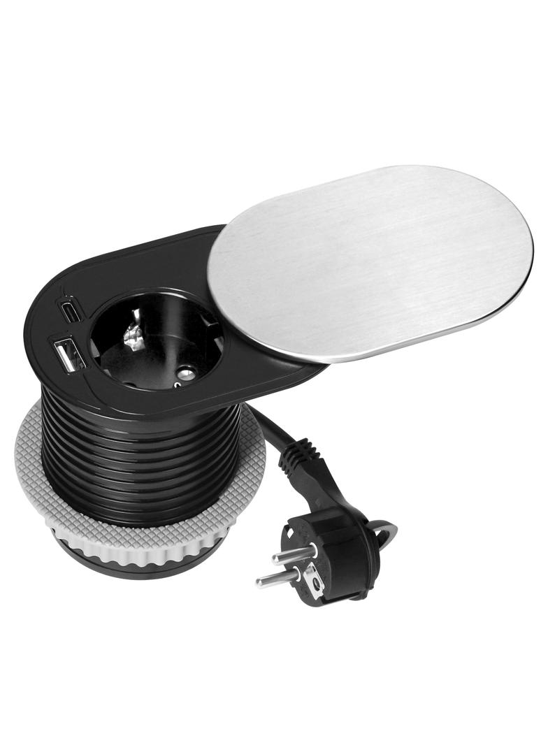 Gniazdo meblowe O6cm, wpuszczane w blat z przesuwną pokrywką, ładowarką USB i przewodem 1,9m, 1x2P+Z