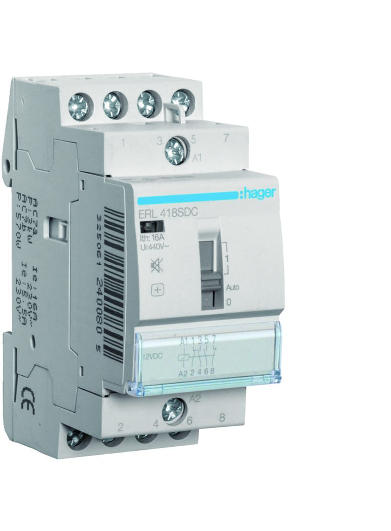 Przekaźnik instalacyjny cichy z możliwością sterowania ręcz. 12V DC 2Z+2R 16A ERL418SDC HAGER