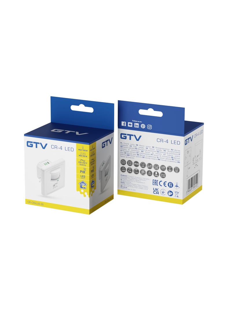 CZUJNIK RUCHU CR-4 LED,  MIN. 40W, MAX. 500W, AC220-240V, 50/60HZ, KĄT DZIAŁANIA 160*, ZASIĘG 12M ±