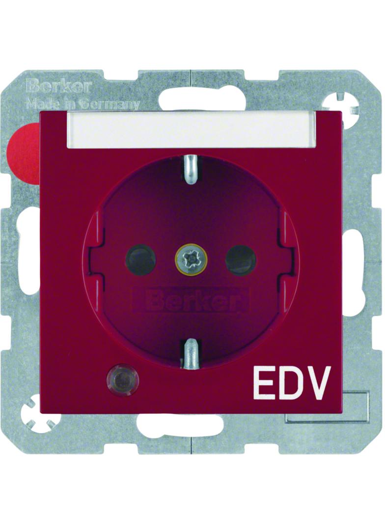 BERKER B.Kwadrat Gniazdo SCHUKO z uziemieniem diodą kontrolną LED i pole opisowe nadruk EDV czerwony