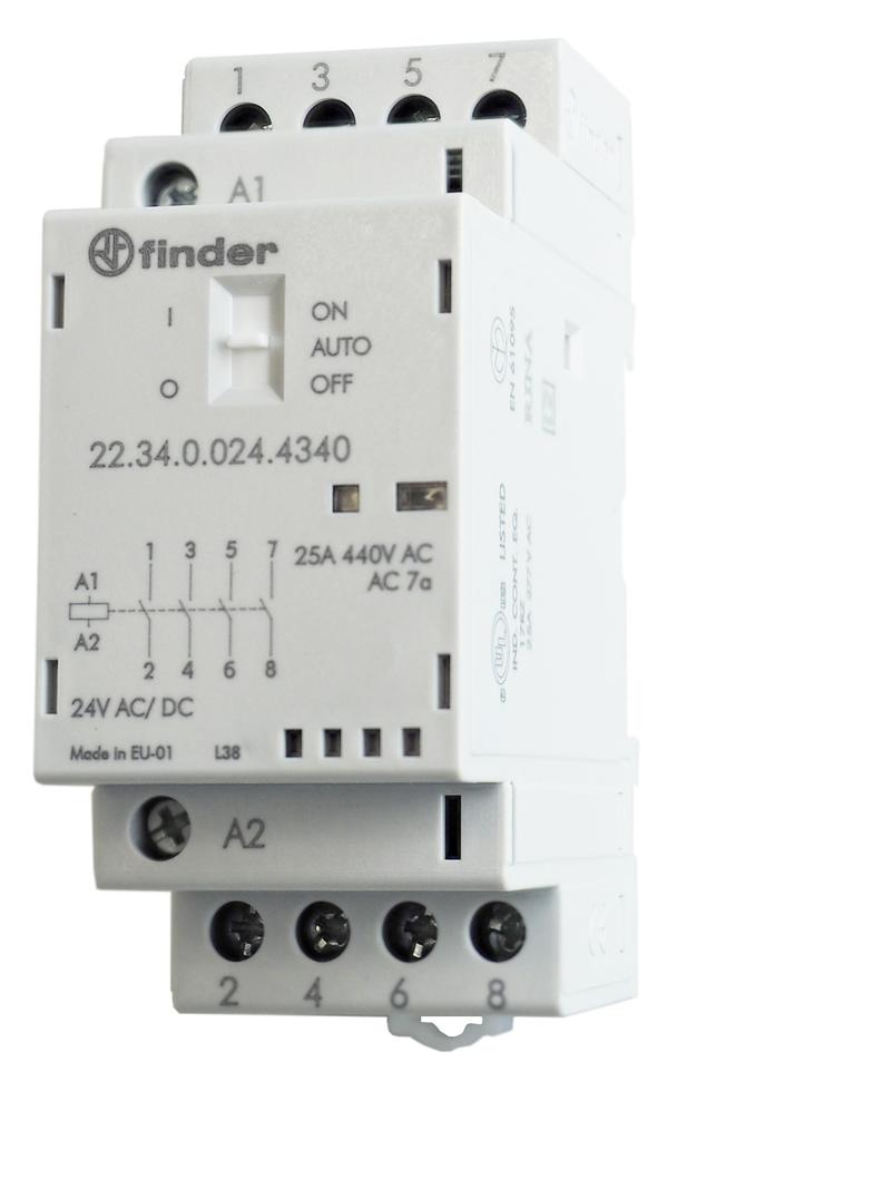 Stycznik modułowy 4 Z; 25A; 24V AC/DC; AUTO-ON-OFF + mech. wskaźnik zadziałania + LED, 22.34.0.024.4