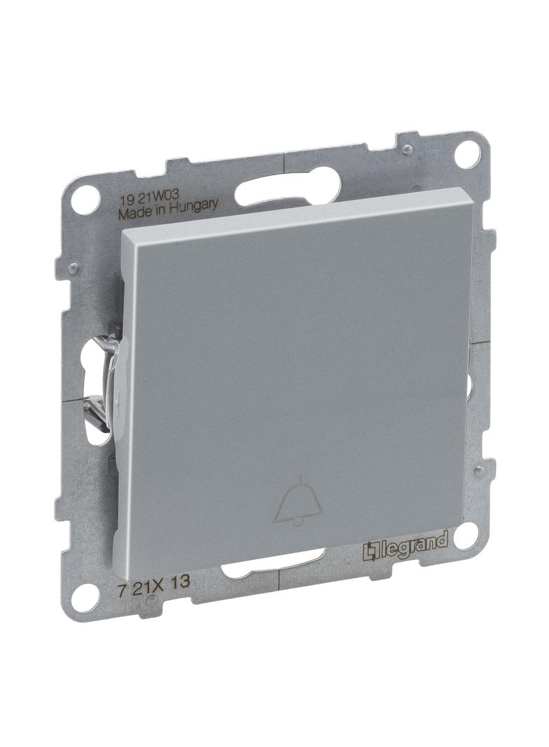 SUNO - Przycisk pojedynczy z symbolem dzwonka - 6 A - 250 V~ - zaciski automatyczne, Aluminium, Legr