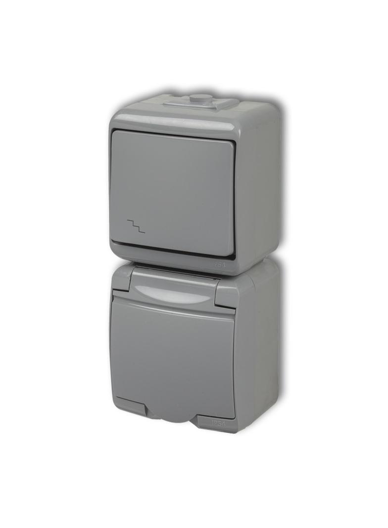 JUNIOR Łącznik schodowy z gniazdem pojedynczym z uziemieniem 2P+Z (klapka popielata; przesłony torów