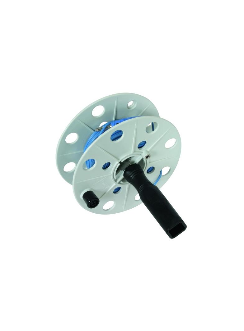 Bęben na przewód pomiarowy szer. 40 mm, przewód niebieski 50 m, tworzywo kolor szary