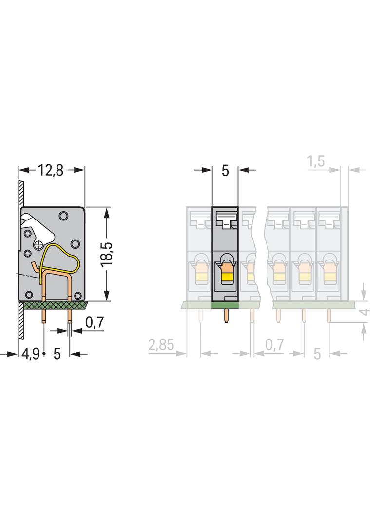 złączka przepustowa do p.drukowanych szara raster 5 mm