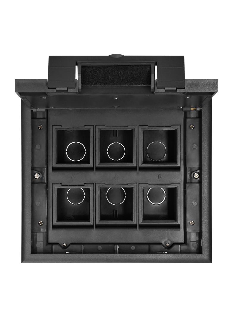 Puszka podłogowa na gniazda modułowe 6 x 45x45mm lub 12 x 22,5x45mm, pokrywa: plastik, czarna
