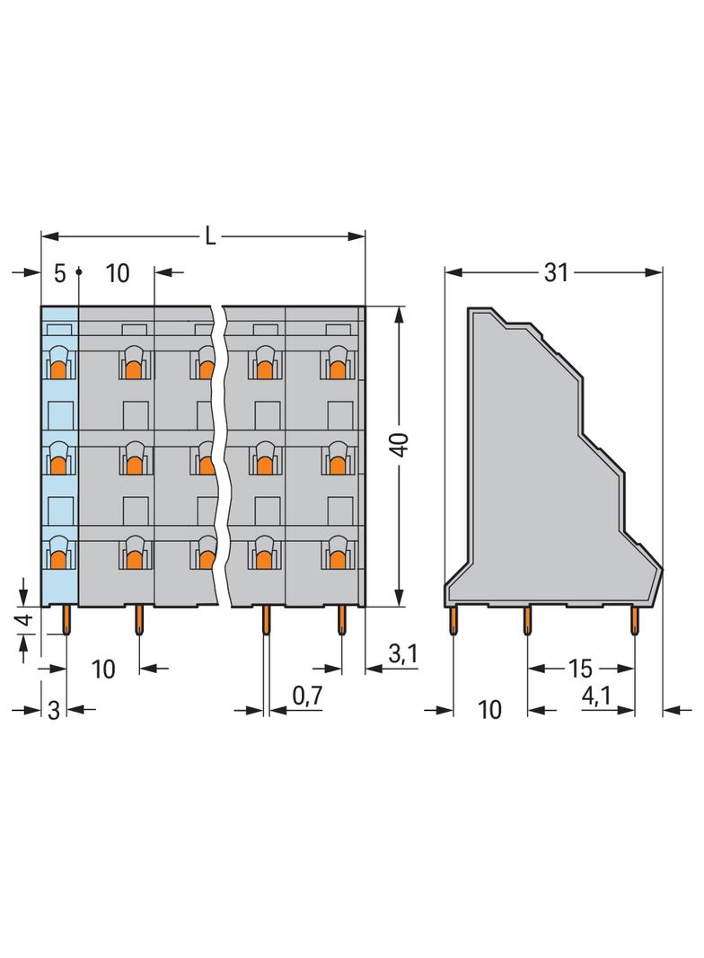 3-piętrowa listwa do pł. drukowanych 8-bieg. szara raster 10 mm