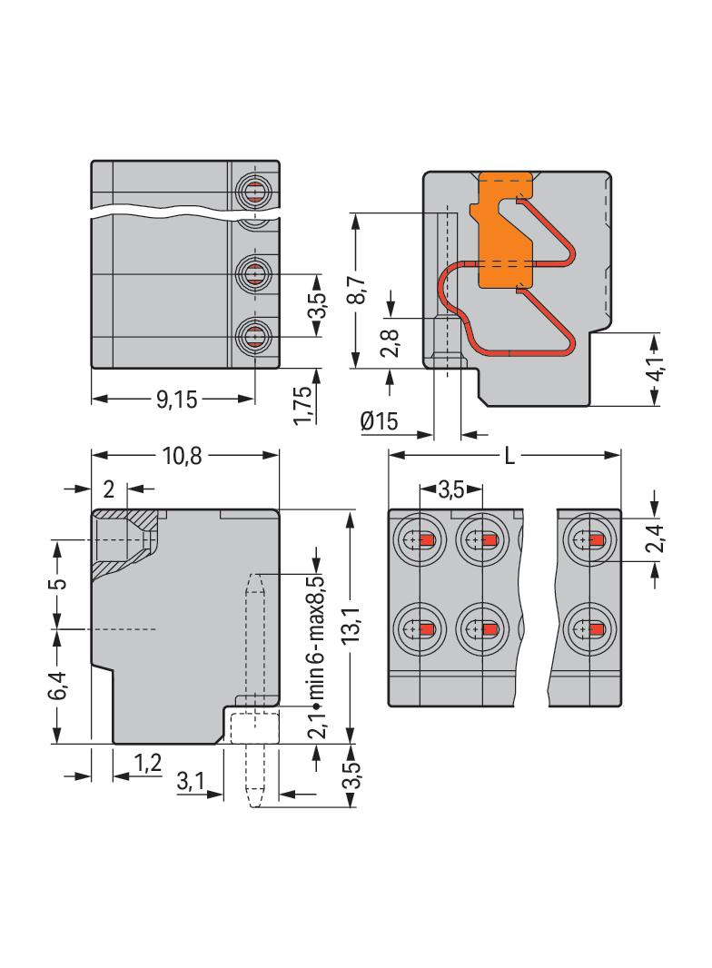 blok nasadzany do pł. drukowanych 8-bieg. szary raster 3,5 mm