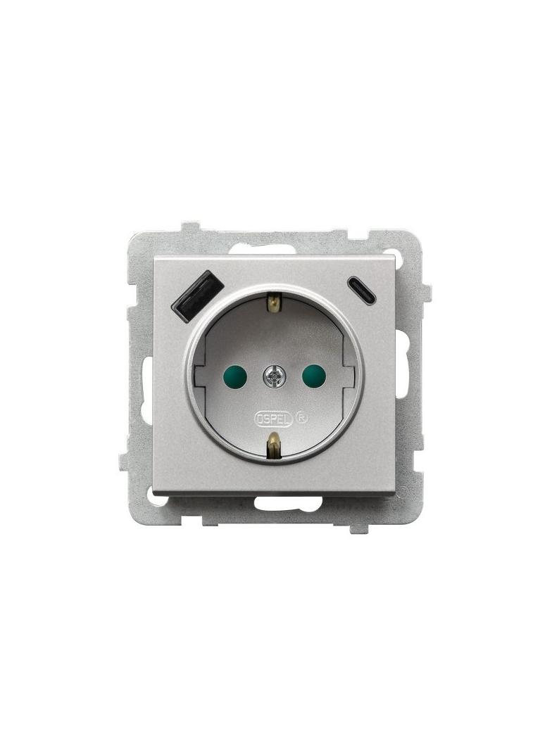Gniazdo pojedyncze z uziemieniem schuko z ładowarką A+C SONATA SREBRNY MAT