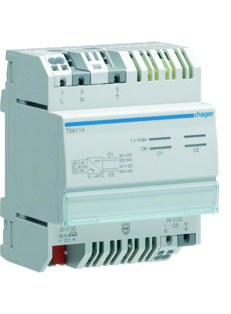 KNX e/s Zasilacz KNX 1 x 30V DC 320 mA + 1 x 24V DC 640 mA TXA114 HAGER