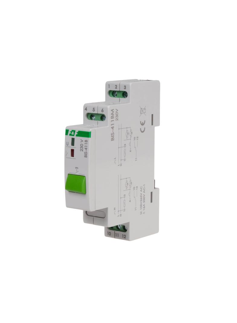 Przekaźnik bistabilny BIS-411BM z przyciskiem do sterowania ręcznego i z pamięcią, montaż na szynie