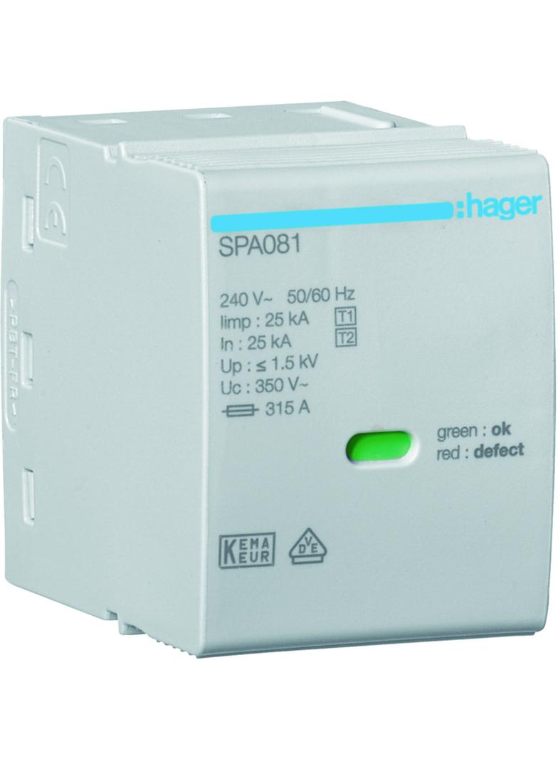 SPD Moduł T1 1P sieć TN-S/TN-C/TT(L-N) Iimp=25kA Up?1,5kV In=25kA do SPA80x SPA081 HAGER