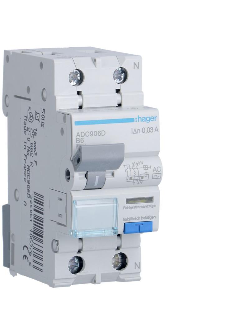 RCBO Wyłącznik różnicowoprądowy z członem nadprądowym 1P+N 6kA B6A 30mA Typ AC ADC906D HAGER