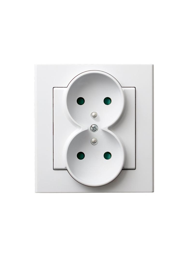 SONATA Gniazdo podwójne z uziemieniem z przesłonami torów prądowych, kompletne z ramką - kolor biały