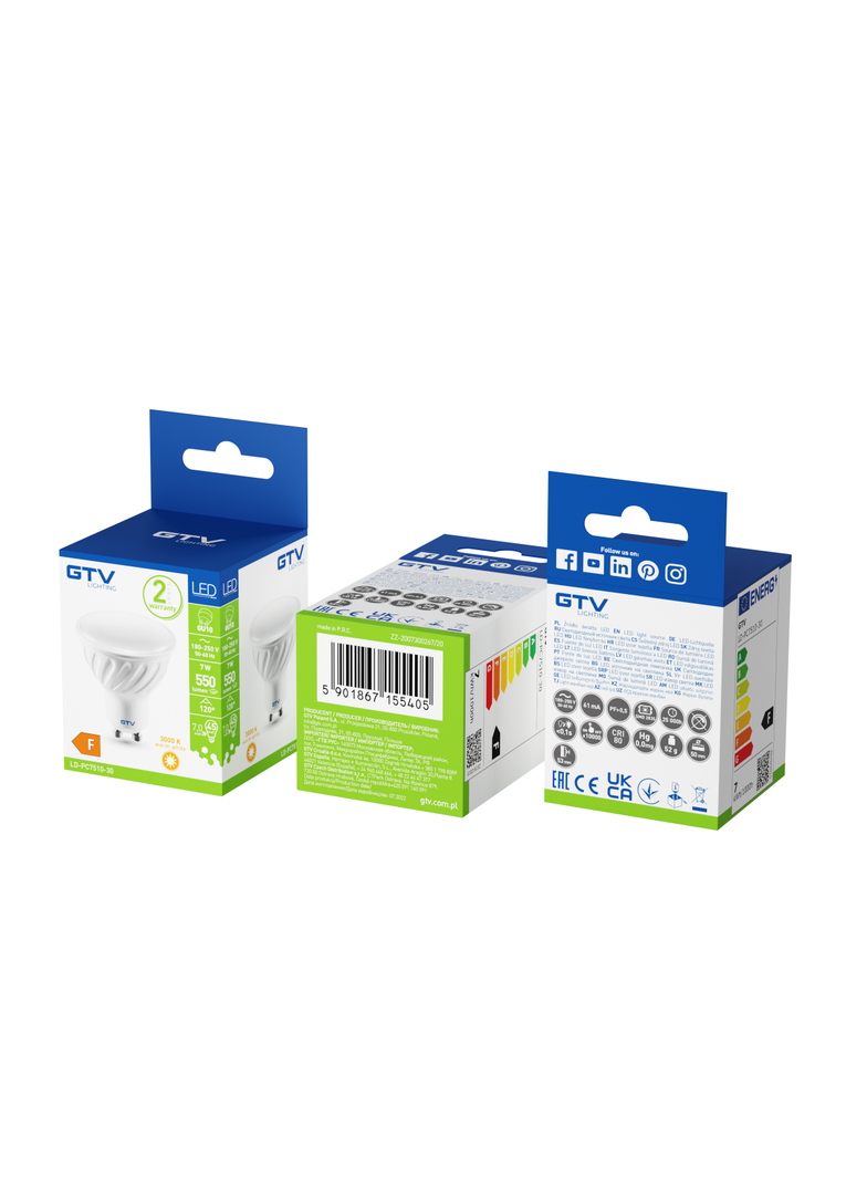 ŻARÓWKA LED, SMD 2835, CIEPŁA BIAŁA, GU10, 7,5 W, AC220-240V, 50-60Hz, KĄT ŚWIECENIA 120*, 570lm, 65