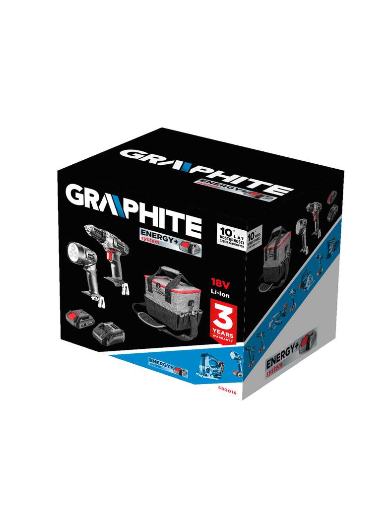 Zestaw elektronarzędzi akumulatorowych: wiertarko-wkrętarka, latarka, torba, akumulator Energy+ 18V,