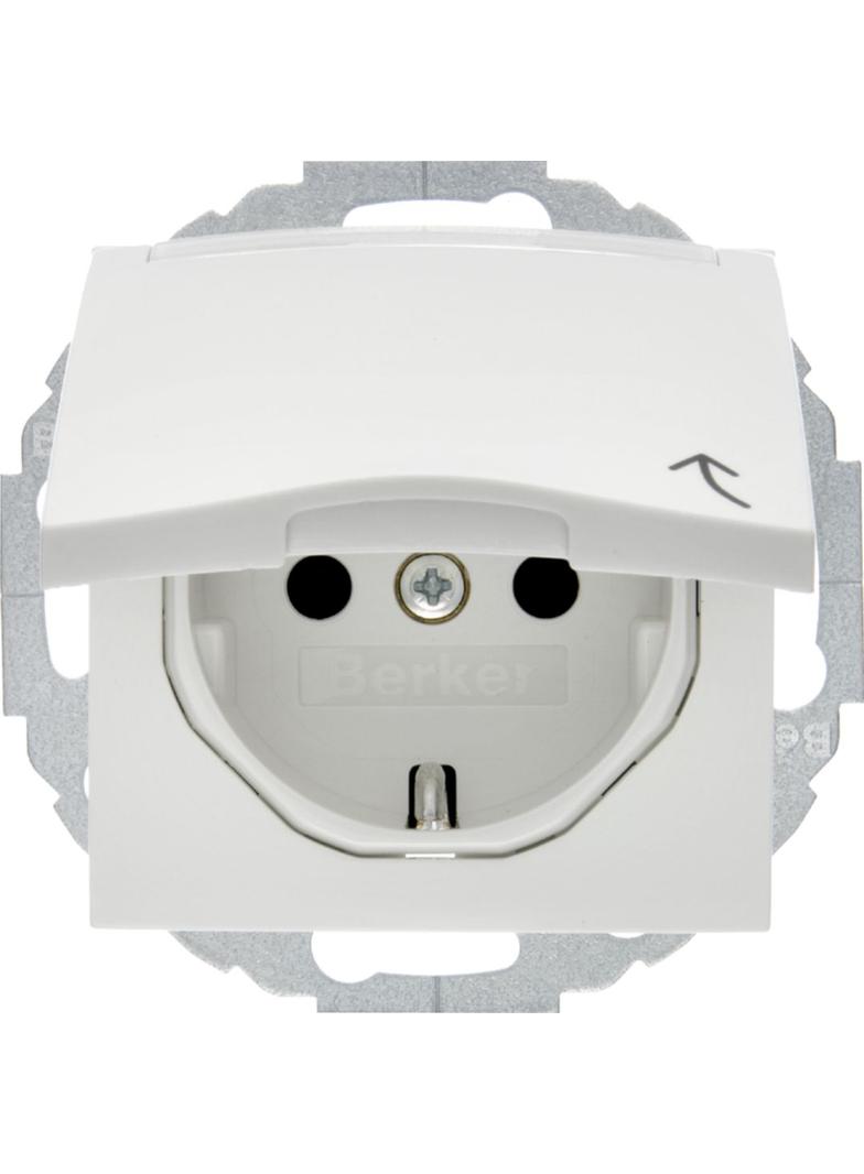 BERKER B.x Gniazdo SCHUKO z pokrywą i polem opisowym z przysłonami styków biały połysk 47468989 HAGE