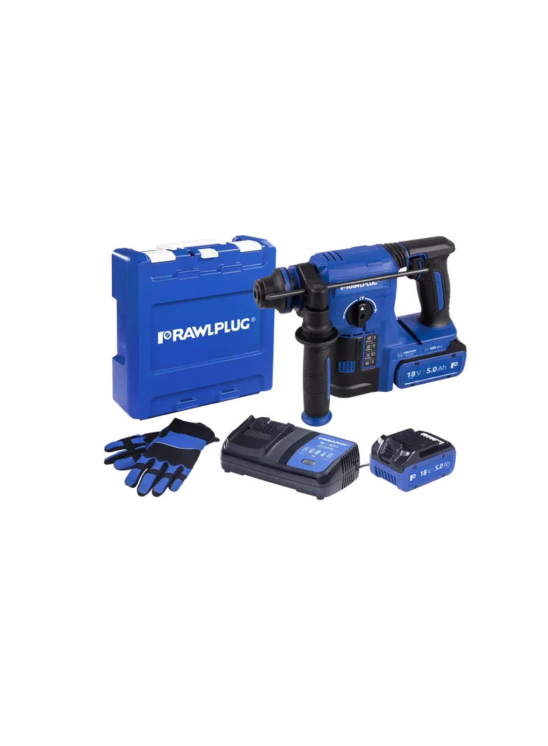 Młotowiertarka SDS plus 18V RawlHAMMER 24mm 2,1J – 2 akumulatory 5,0 Ah ładowarka 6,5 A walizka 1szt. R-PRH18-24-XL2 RAWLPLUG