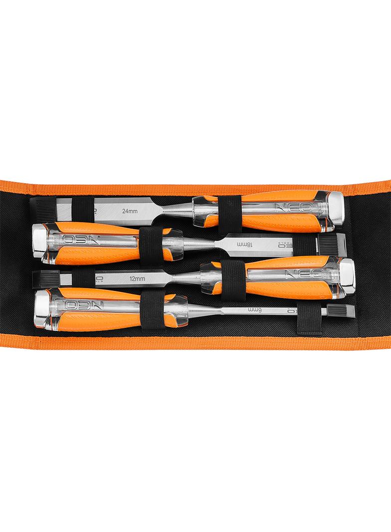 Dłuta 6, 12, 18, 24, zestaw 4 szt. Uchwyt dwukomponentowy. Pakowane w etui