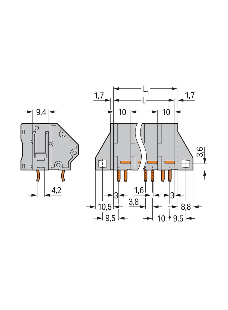 listwa zaciskowa do pł. drukowanych 4-bieg. szara raster 10 mm