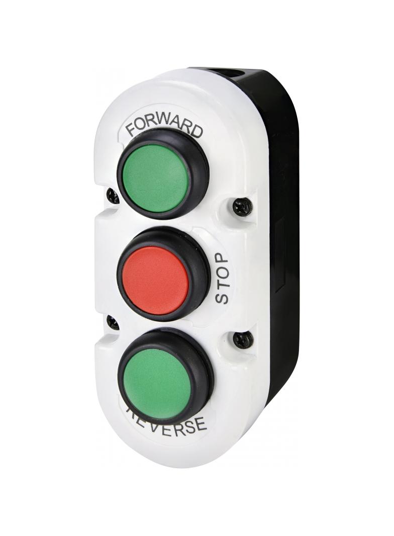 Kaseta szaro-czarna, 3 płaskie przyciski 2NO zielone, 1NC czerwony FORWARD, STOP, REVERSE ESE3-V6 004771444 ETI