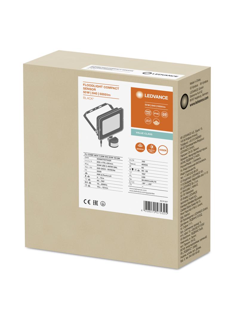 Naświetlacz LED FLOOD COMPACT SENSOR V 50W 840 SYM 100 BK 4058075575325 LEDVANCE