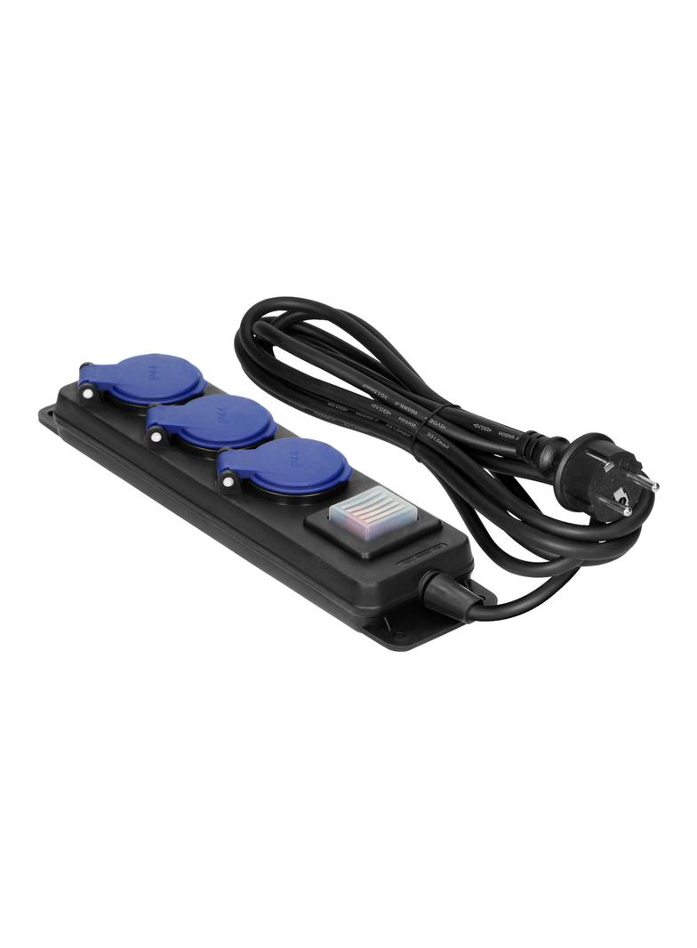 Przedłużacz warsztatowy bryzgoszczelny z wyłącznikiem IP44, 3 gniazda 2P+Z IP44, przewód gumowy, H05