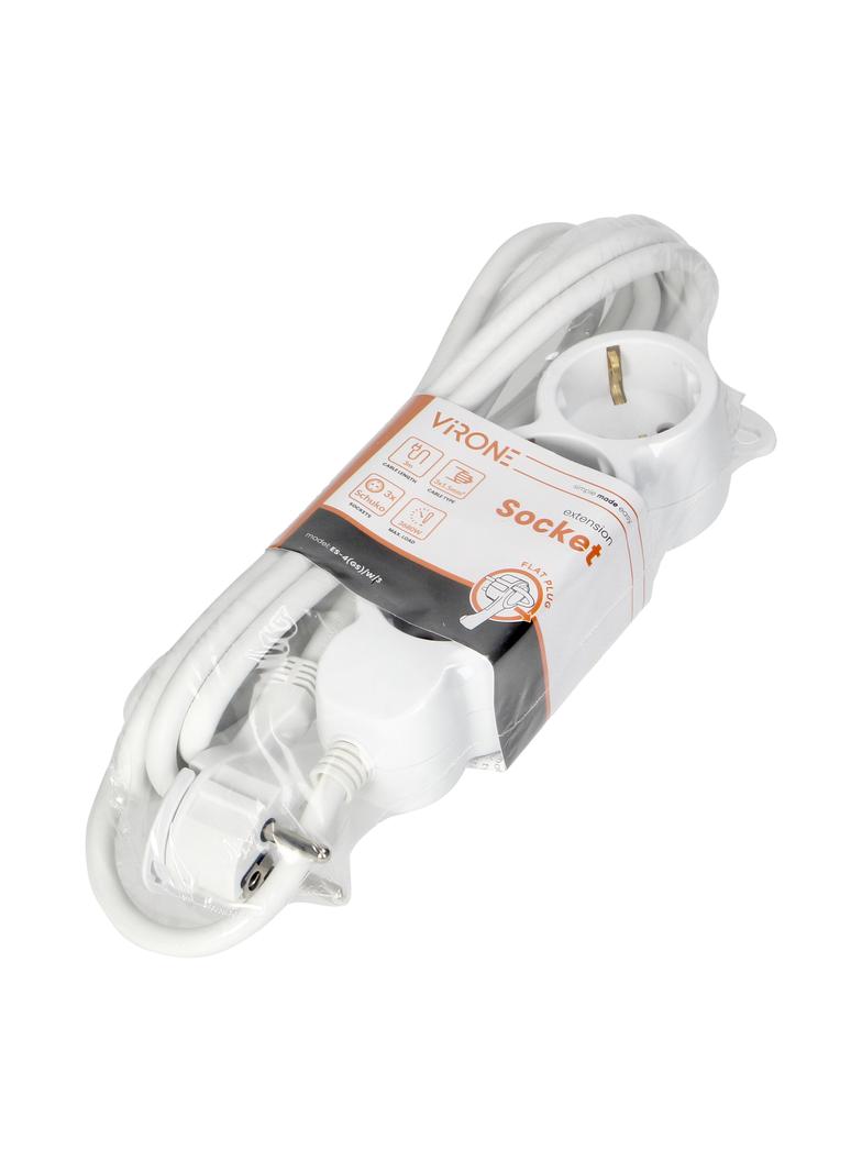 Przedłużacz 3-krotny 2P+Z (Schuko), 3m H05VV-F 3x1,5mm2, Imax=16A, płaska wtyczka, biały