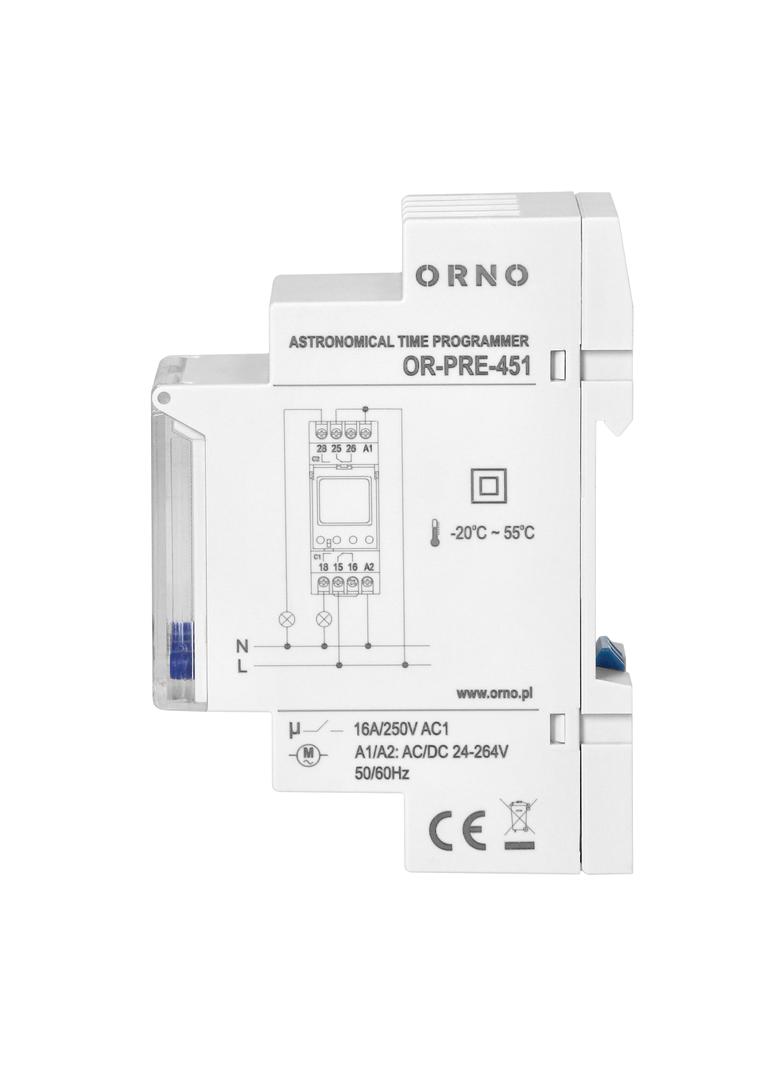 Elektroniczny programator czasowy, 100 programów, 3 języki menu, 2 wyjśćia przekaźnikowe 16A/230V, s OR-PRE-451 ORNO