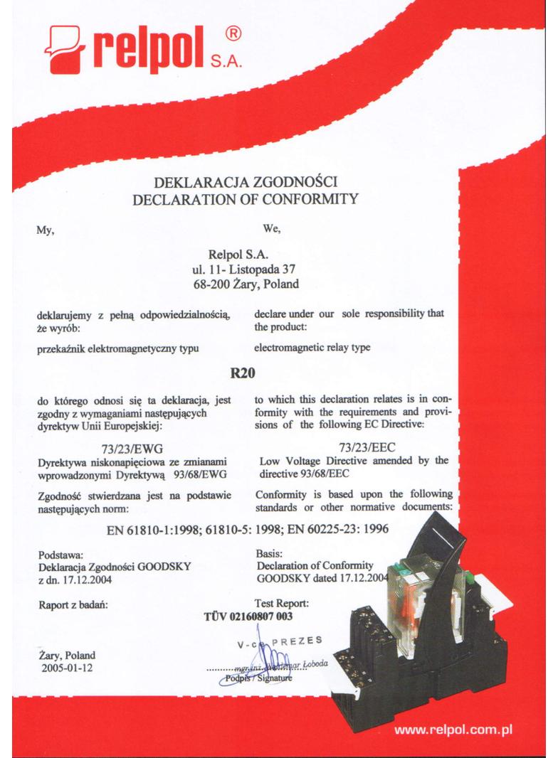 Przekaźnik Przemysłowy R20-3021-96-1024 2611749 RELPOL