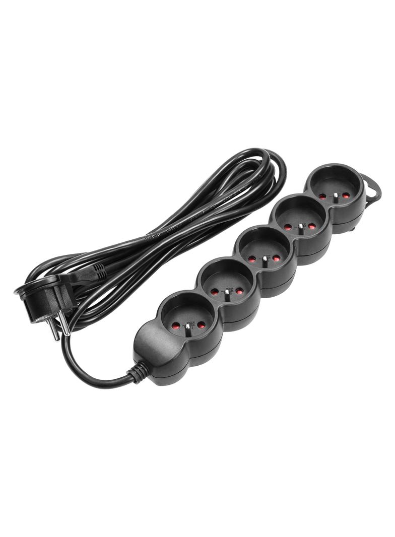 Przedłużacz 5-krotny 2P+Z, 5m H05VV-F 3x1,5mm2, Imax=16A, płaska wtyczka, czarny