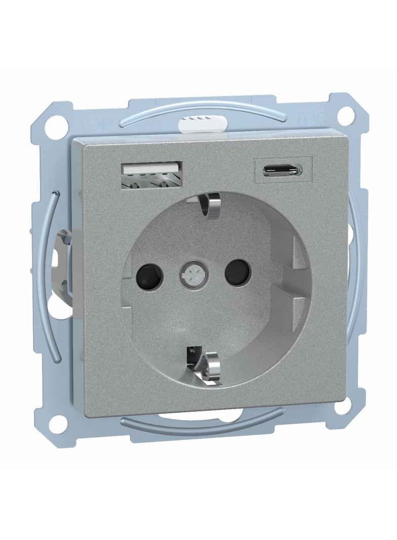 Merten, gniazdo Schuko z ładowarką USB A+C 3A, aluminiowe