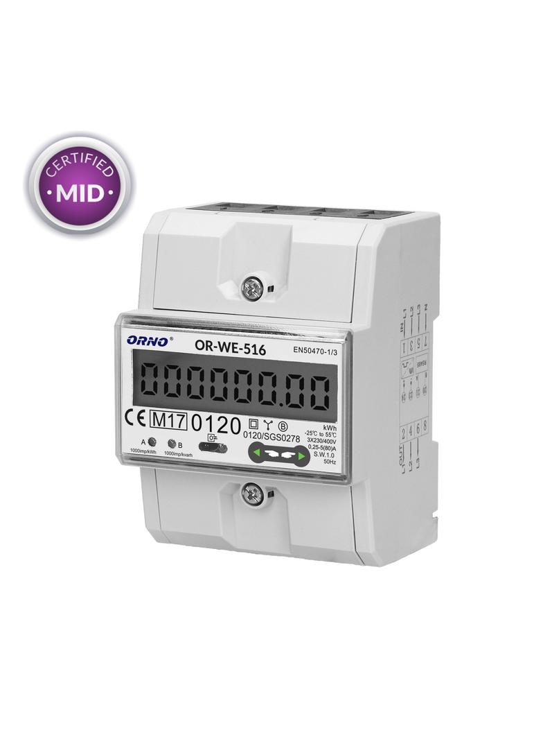 3-fazowy licznik energii elektrycznej 80A port RS-485 MID 3 moduły DIN TH-35mm OR-WE-516 ORNO