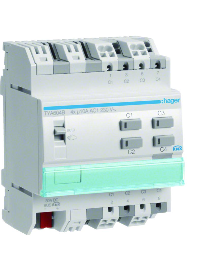 KNX s Sterownik załączający / żaluzjowy 10 A 4-/2-kr 4 mod TYA604B HAGER