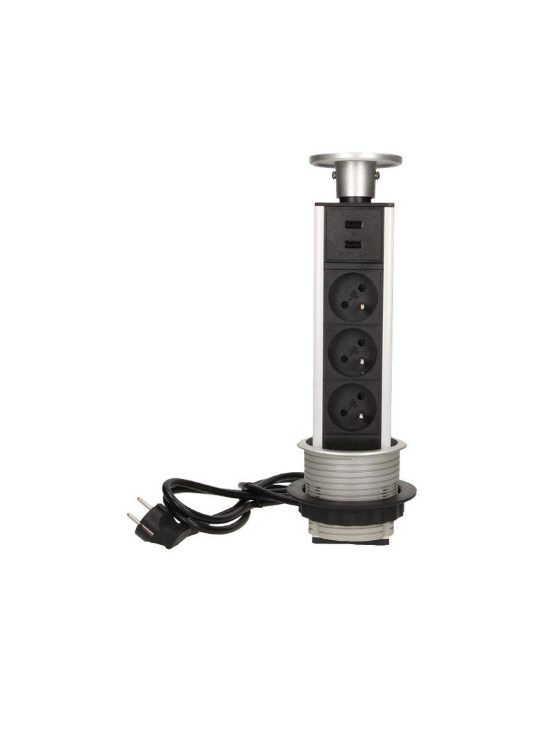 Gniazdo meblowe O8cm wysuwane z blatu z ładowarką USB i przewodem 1,8m, 3x2P+Z, 2xUSB