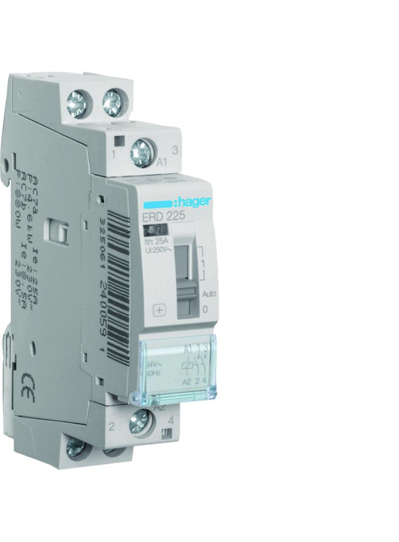 Stycznik modułowy z możliwością sterowania ręcznego 24V AC 2Z 25A AC-7A B ERD225 HAGER