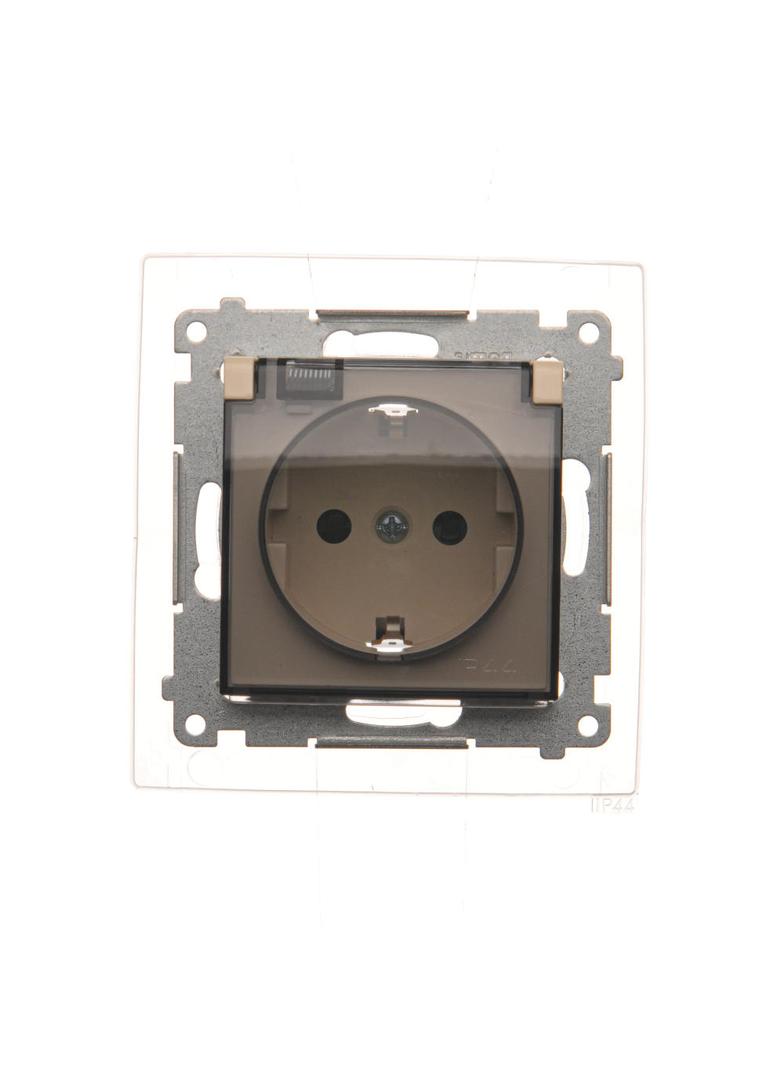 Simon 54 Gniazdo Schuko IP44 z przesłonami z uszczelką ramki 16A z. śrub. klapka transp. kremowy