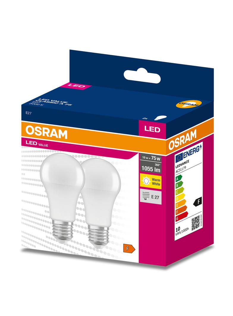 Żarówka LED x2 A60 E27 10W = 75W 1055lm 3000K Ciepła 200° VALUE CLASSIC Osram